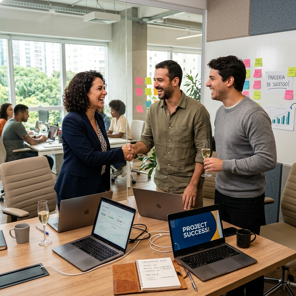 Cliente satisfeito celebrando parceria de sucesso com os sócios da Anauê Design
